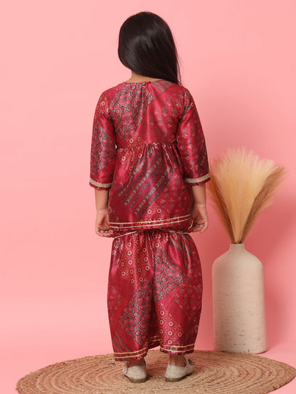 Girls Frock Style Art Silk Fabric Maroon Color Floral Printed Kurti And Sharara With Gotta Lace Work