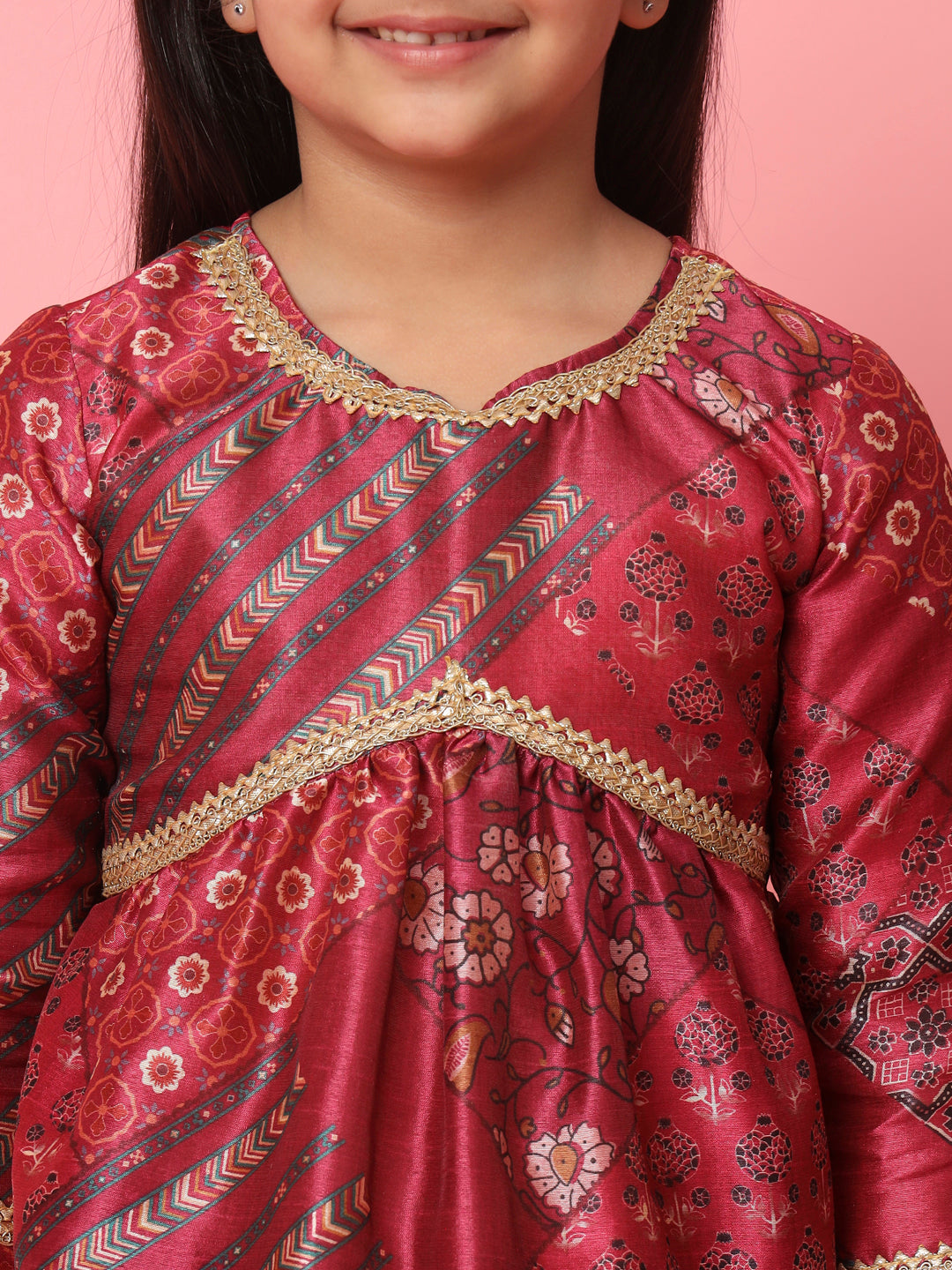 Girls Frock Style Art Silk Fabric Maroon Color Floral Printed Kurti And Sharara With Gotta Lace Work