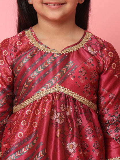 Girls Frock Style Art Silk Fabric Maroon Color Floral Printed Kurti And Sharara With Gotta Lace Work