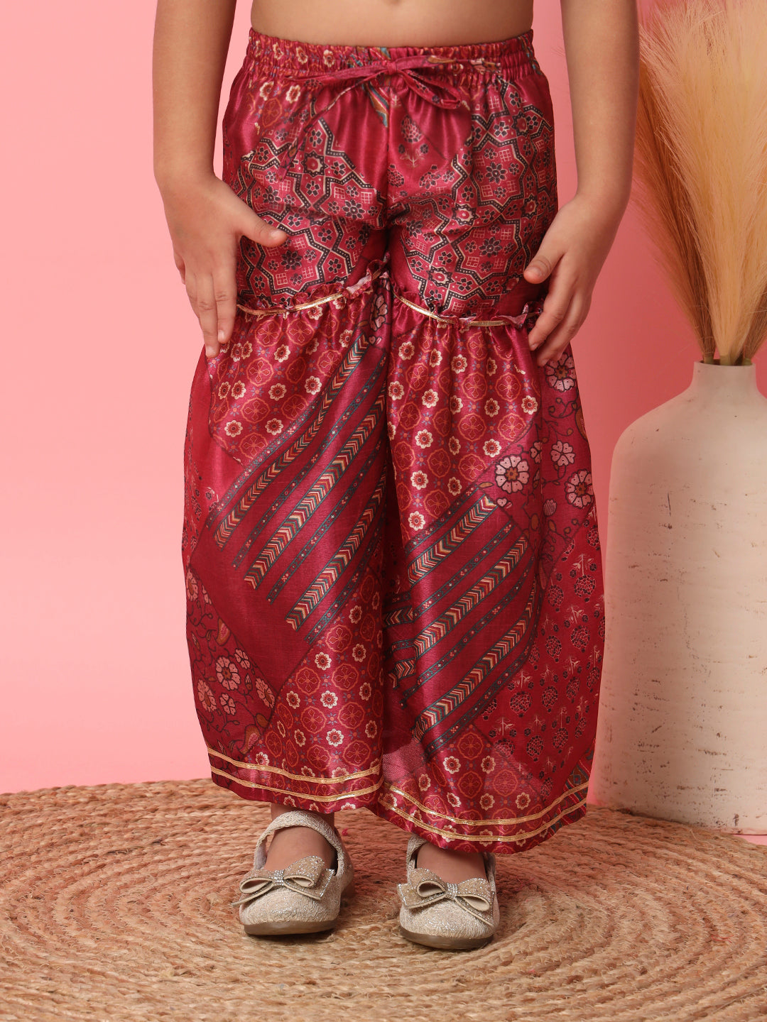 Girls Frock Style Art Silk Fabric Maroon Color Floral Printed Kurti And Sharara With Gotta Lace Work