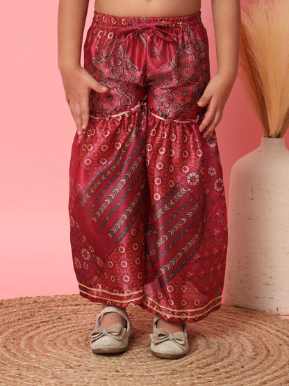 Girls Frock Style Art Silk Fabric Maroon Color Floral Printed Kurti And Sharara With Gotta Lace Work