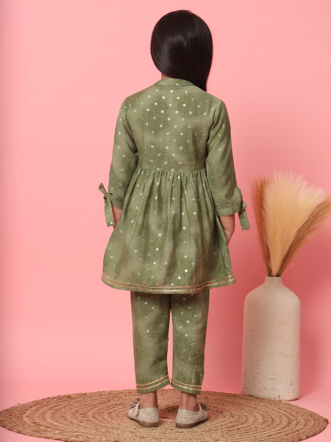 Girls Frock Style Cotton Fabric Green Color Floral Printed Kurti And Pyjama With Gotta Lace And Zari Work Work