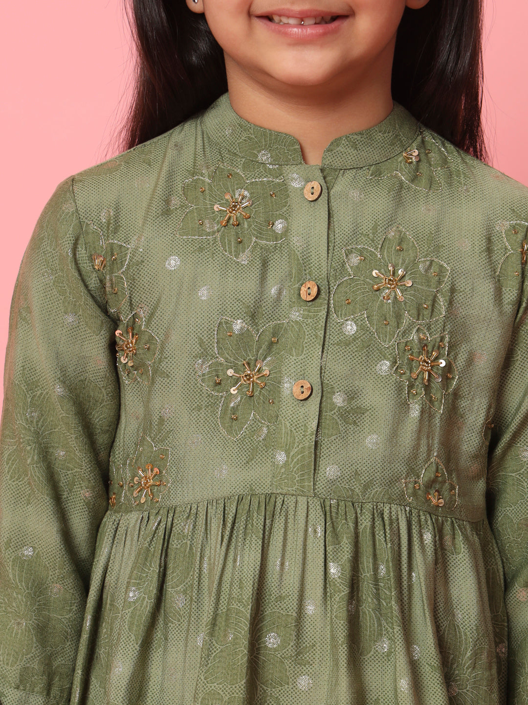 Girls Frock Style Cotton Fabric Green Color Floral Printed Kurti And Pyjama With Gotta Lace And Zari Work Work