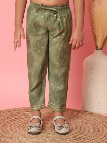 Girls Frock Style Cotton Fabric Green Color Floral Printed Kurti And Pyjama With Gotta Lace And Zari Work Work