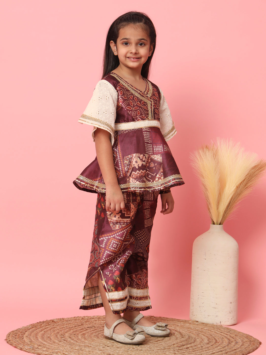 Girls Frock Style Art Silk Fabric Maroon Color Floral Printed Kurti And Palazzo With Gotta Lace Work