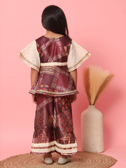 Girls Frock Style Art Silk Fabric Maroon Color Floral Printed Kurti And Palazzo With Gotta Lace Work