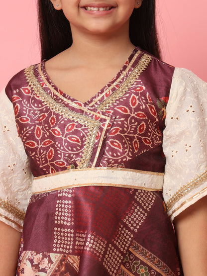Girls Frock Style Art Silk Fabric Maroon Color Floral Printed Kurti And Palazzo With Gotta Lace Work