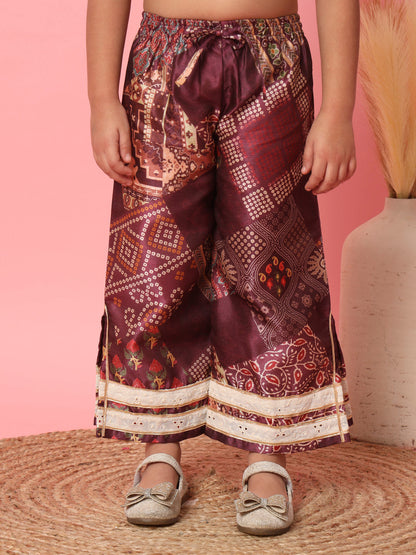 Girls Frock Style Art Silk Fabric Maroon Color Floral Printed Kurti And Palazzo With Gotta Lace Work