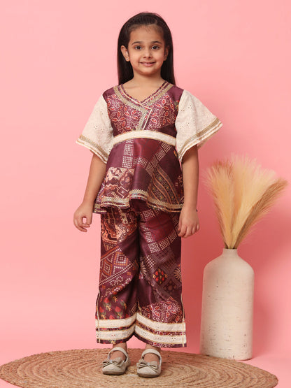 Girls Frock Style Art Silk Fabric Maroon Color Floral Printed Kurti And Palazzo With Gotta Lace Work
