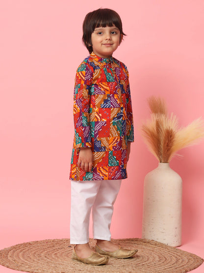 Boys Straight Style Cotton Fabric Multi Color Leheriya Printed Kurta With Pyjama