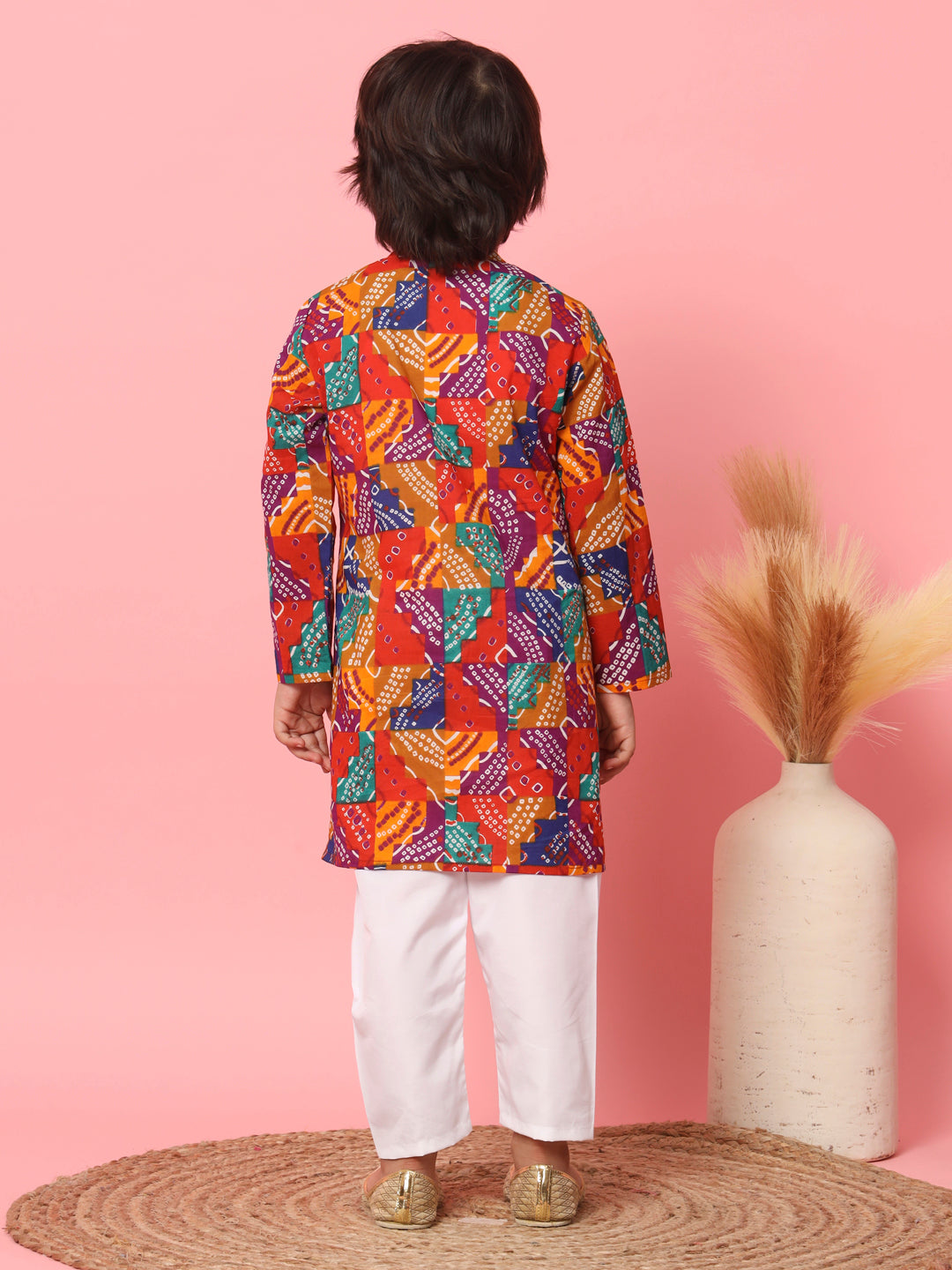 Boys Straight Style Cotton Fabric Multi Color Leheriya Printed Kurta With Pyjama