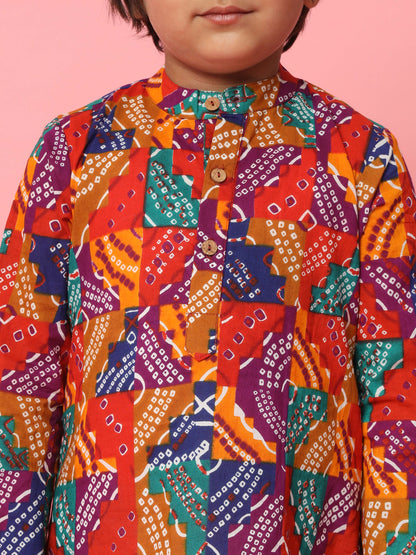 Boys Straight Style Cotton Fabric Multi Color Leheriya Printed Kurta With Pyjama