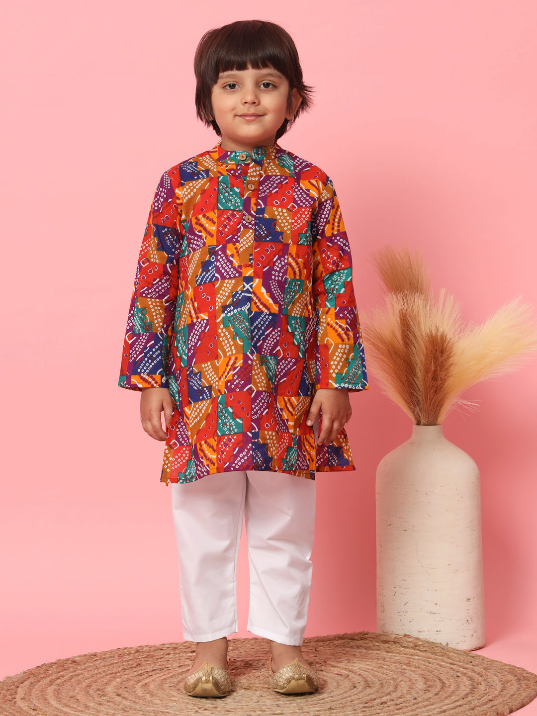 Boys Straight Style Cotton Fabric Multi Color Leheriya Printed Kurta With Pyjama