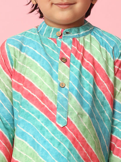 Boys Straight Style Silk Fabric Green Color Leheriya Kurta And White Pyjama
