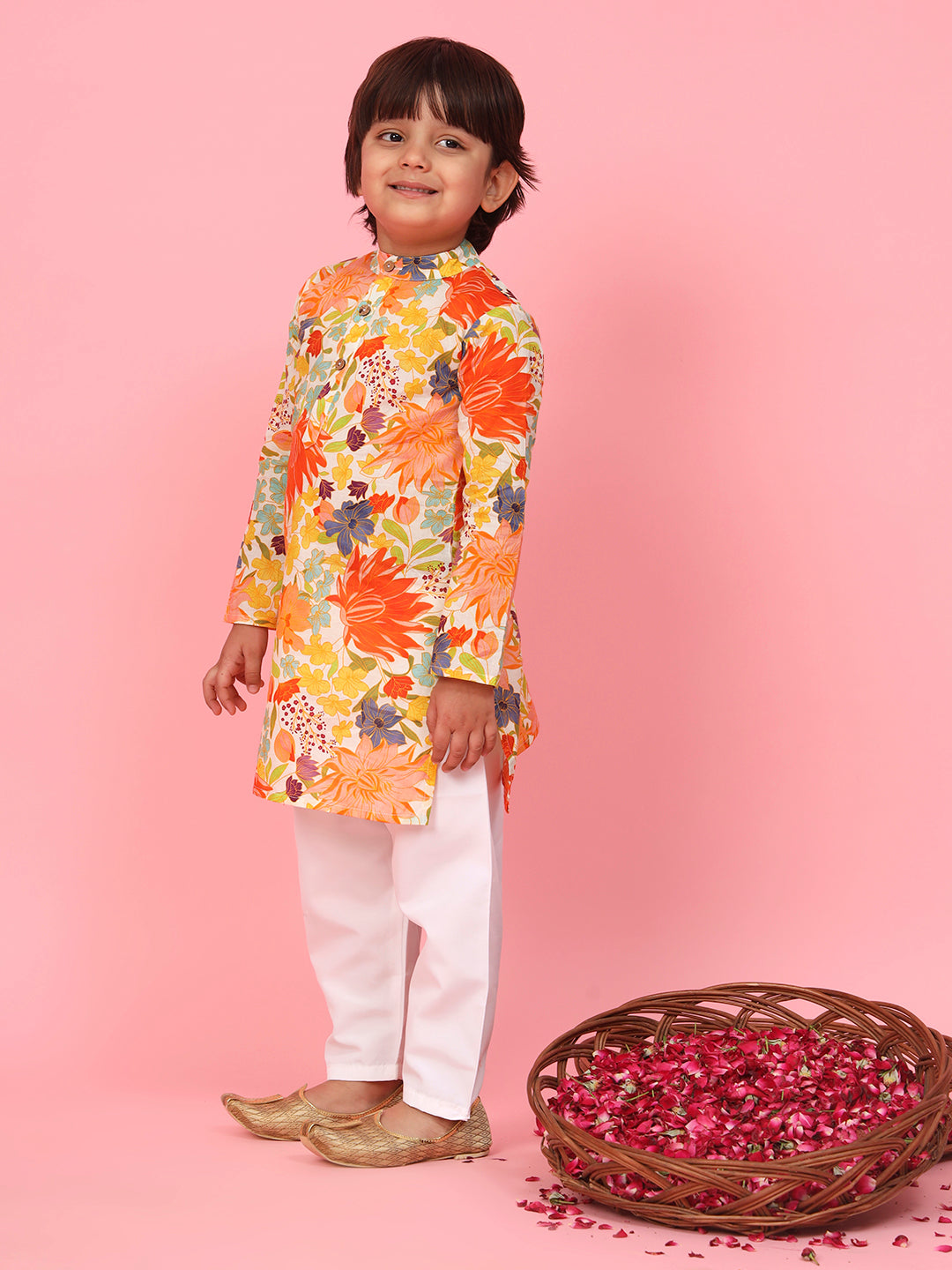Boys Straight Style Cotton Fabric Yellow Color Printed Kurta And White Pyjama