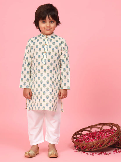 Boys Straight Style Cotton Fabric Teal Color Floral Printed Kurti With Pyjama