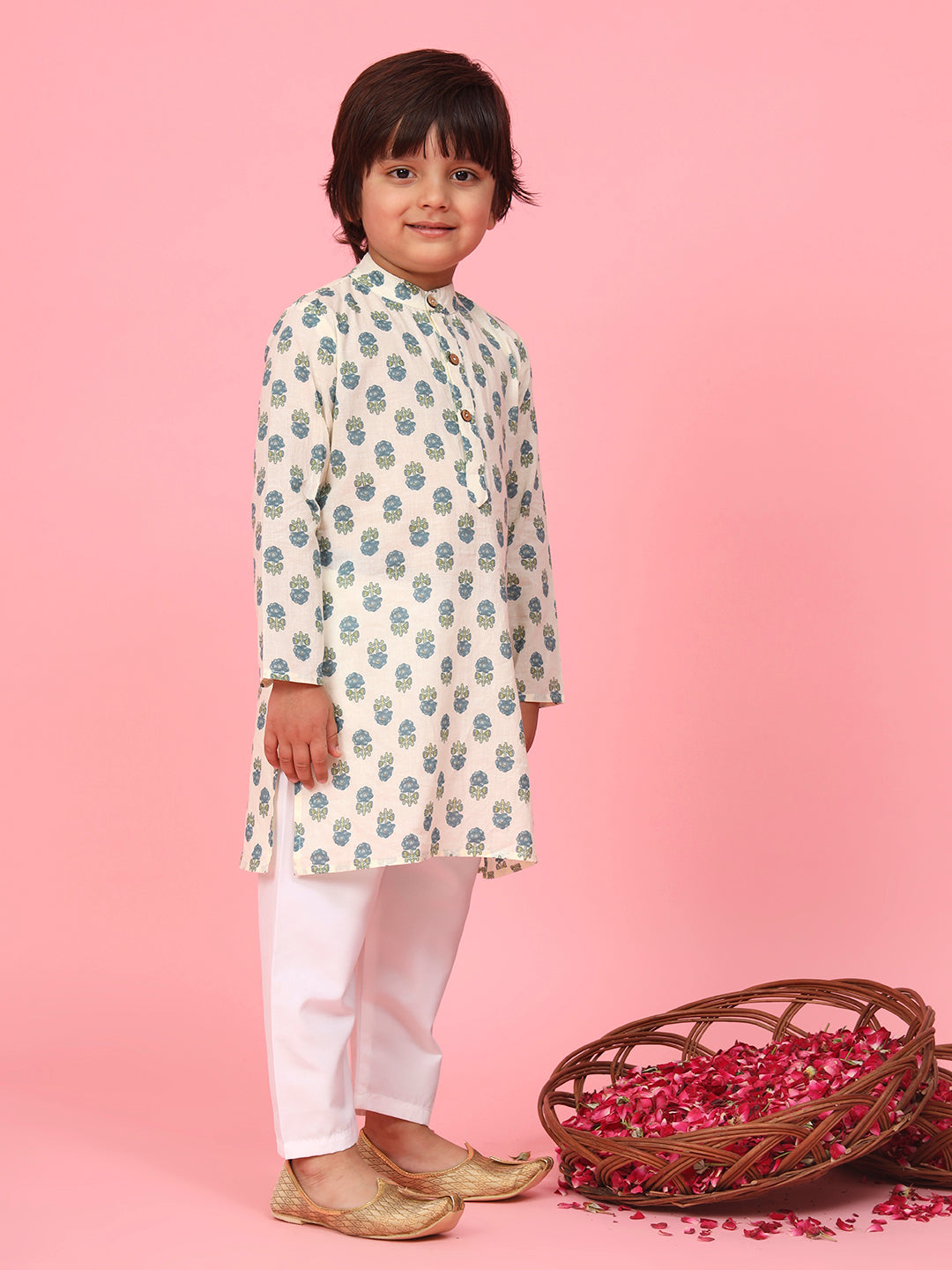 Boys Straight Style Cotton Fabric Teal Color Floral Printed Kurti With Pyjama
