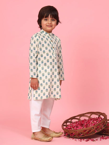Boys Straight Style Cotton Fabric Teal Color Floral Printed Kurti With Pyjama