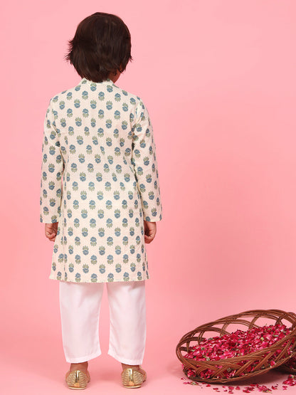 Boys Straight Style Cotton Fabric Teal Color Floral Printed Kurti With Pyjama