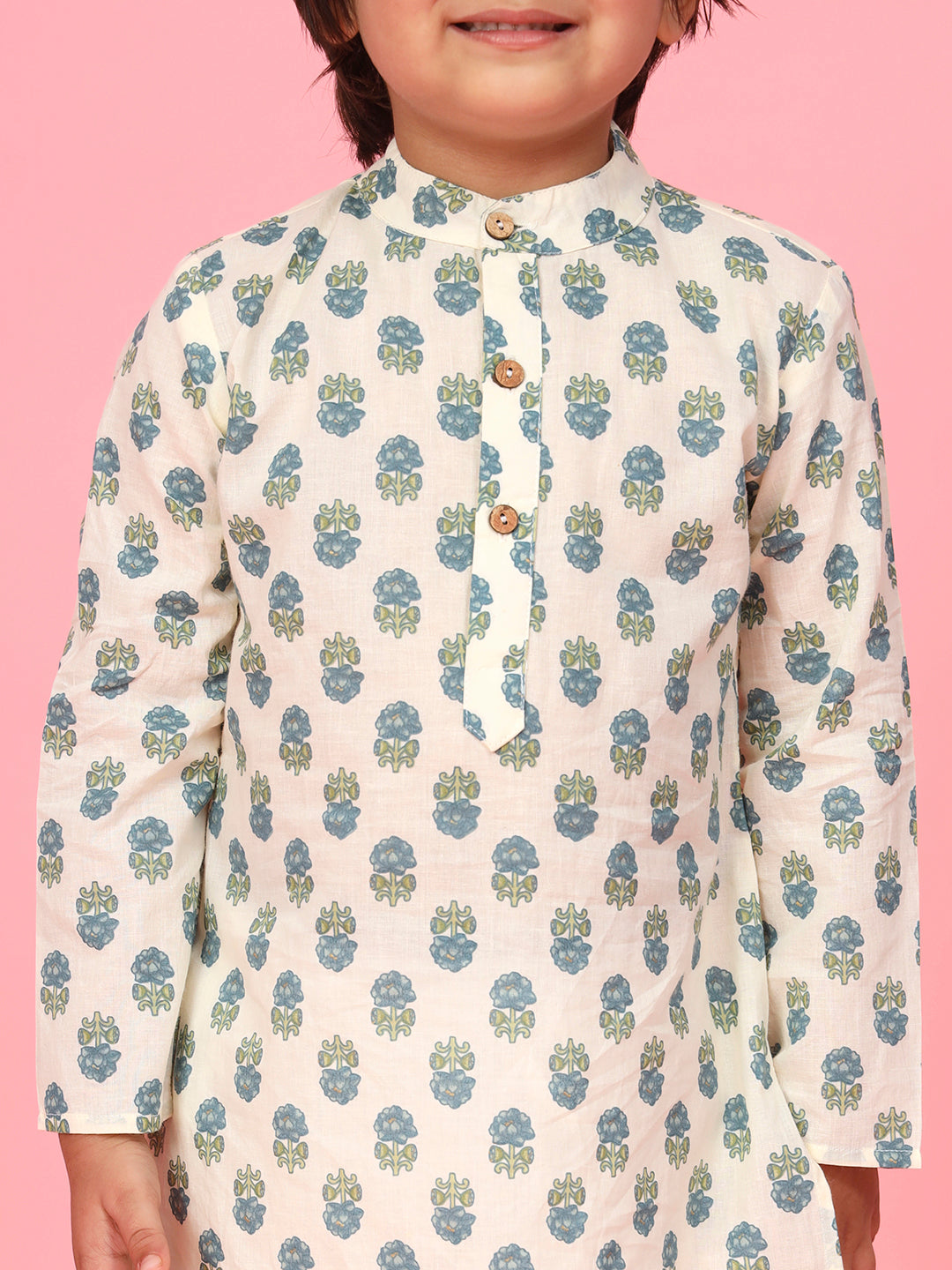 Boys Straight Style Cotton Fabric Teal Color Floral Printed Kurti With Pyjama