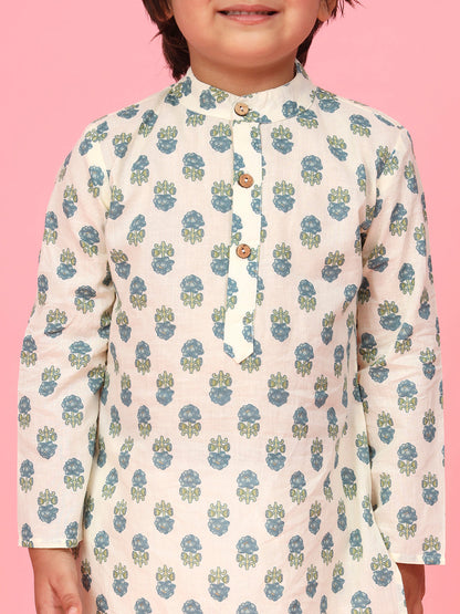 Boys Straight Style Cotton Fabric Teal Color Floral Printed Kurti With Pyjama