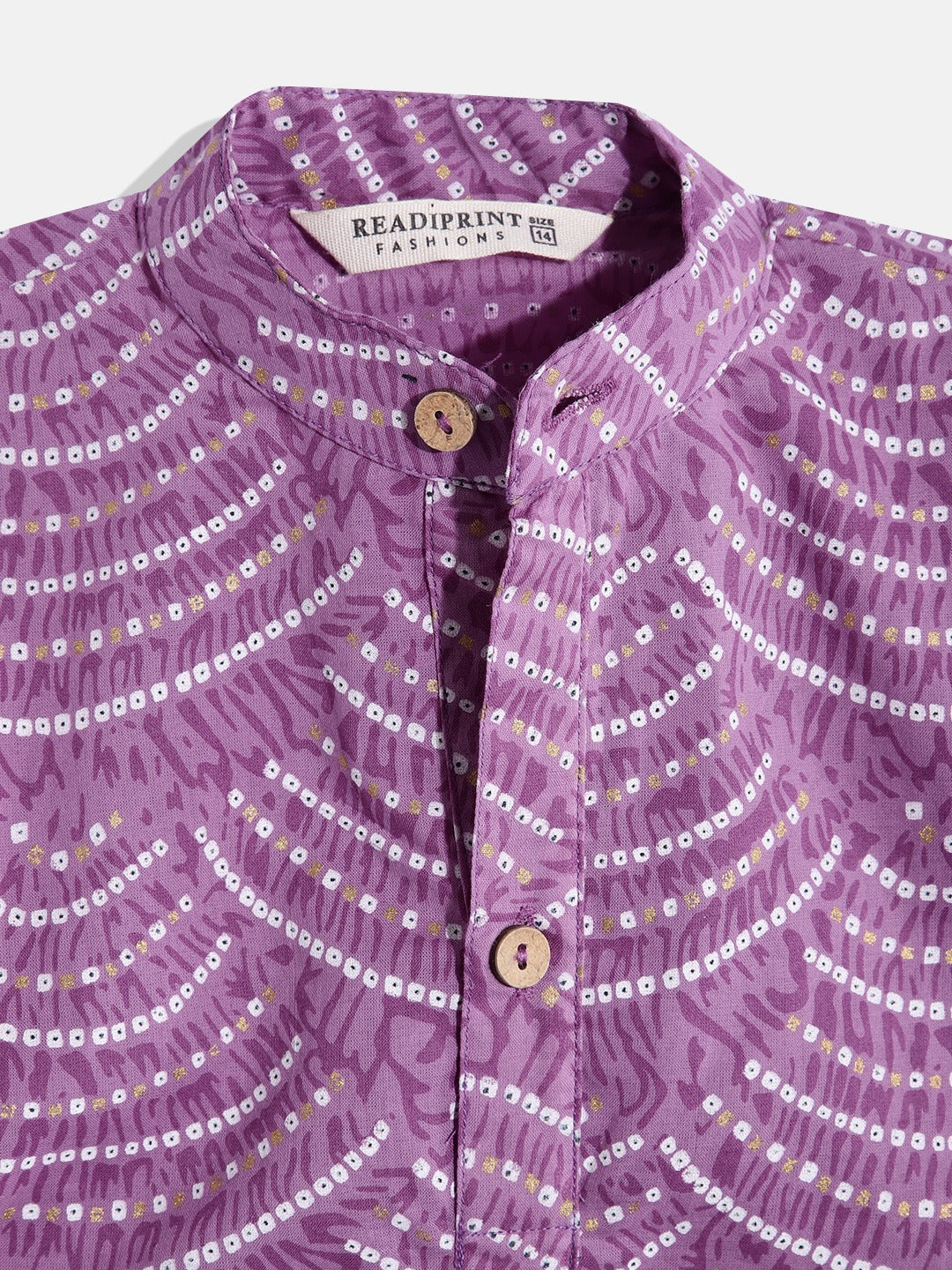 Boys Straight Style Cotton Fabric Purple Color Bandhani Printed Kurta With Pyjama