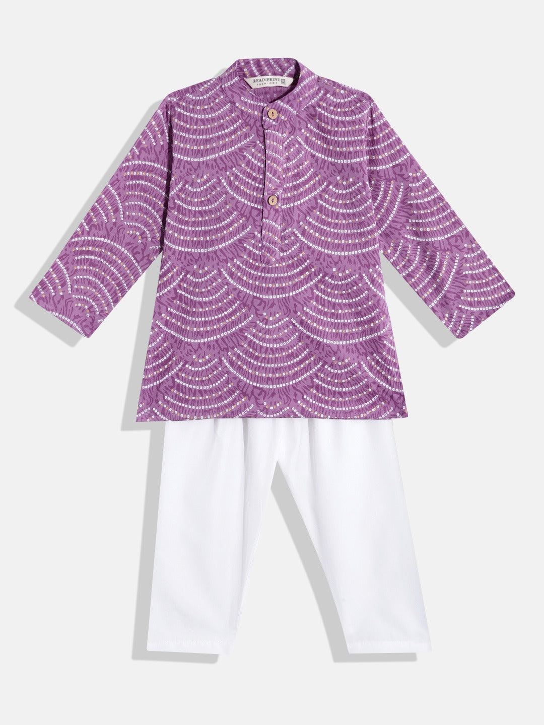 Boys Straight Style Cotton Fabric Purple Color Bandhani Printed Kurta With Pyjama