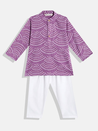 Boys Straight Style Cotton Fabric Purple Color Bandhani Printed Kurta With Pyjama