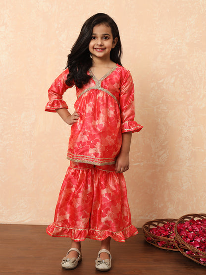 Girls Frock Style Art Silk Fabric Pink Color Printed Kurti And Sharara With Gotta Lace Work