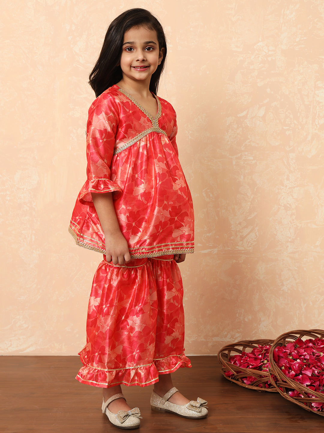 Girls Frock Style Art Silk Fabric Pink Color Printed Kurti And Sharara With Gotta Lace Work