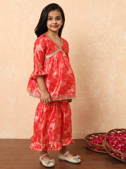 Girls Frock Style Art Silk Fabric Pink Color Printed Kurti And Sharara With Gotta Lace Work