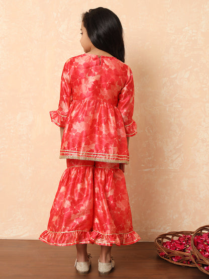 Girls Frock Style Art Silk Fabric Pink Color Printed Kurti And Sharara With Gotta Lace Work