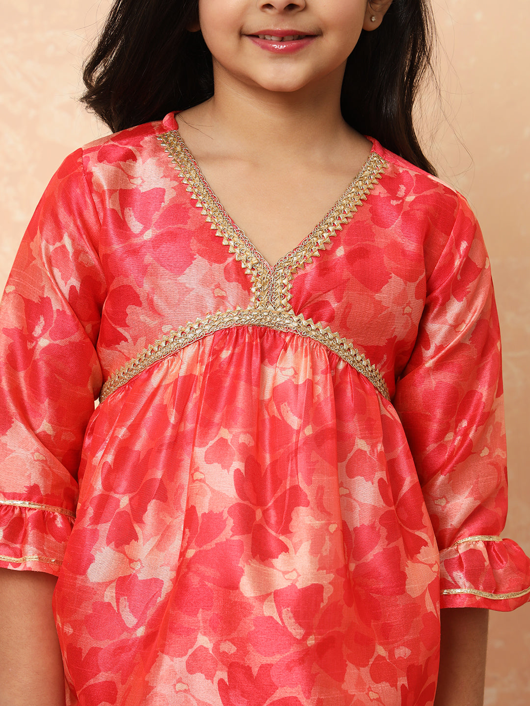 Girls Frock Style Art Silk Fabric Pink Color Printed Kurti And Sharara With Gotta Lace Work
