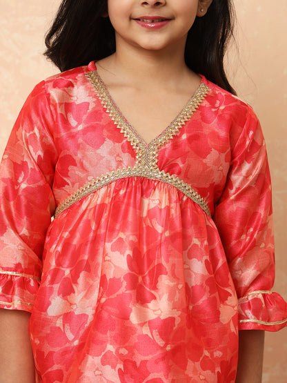 Girls Frock Style Art Silk Fabric Pink Color Printed Kurti And Sharara With Gotta Lace Work