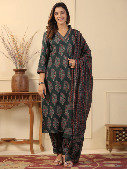 Straight Style Cotton Fabric Green Color Kurta And Bottom With Dupatta