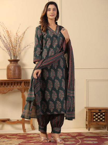 Straight Style Cotton Fabric Green Color Kurta And Bottom With Dupatta