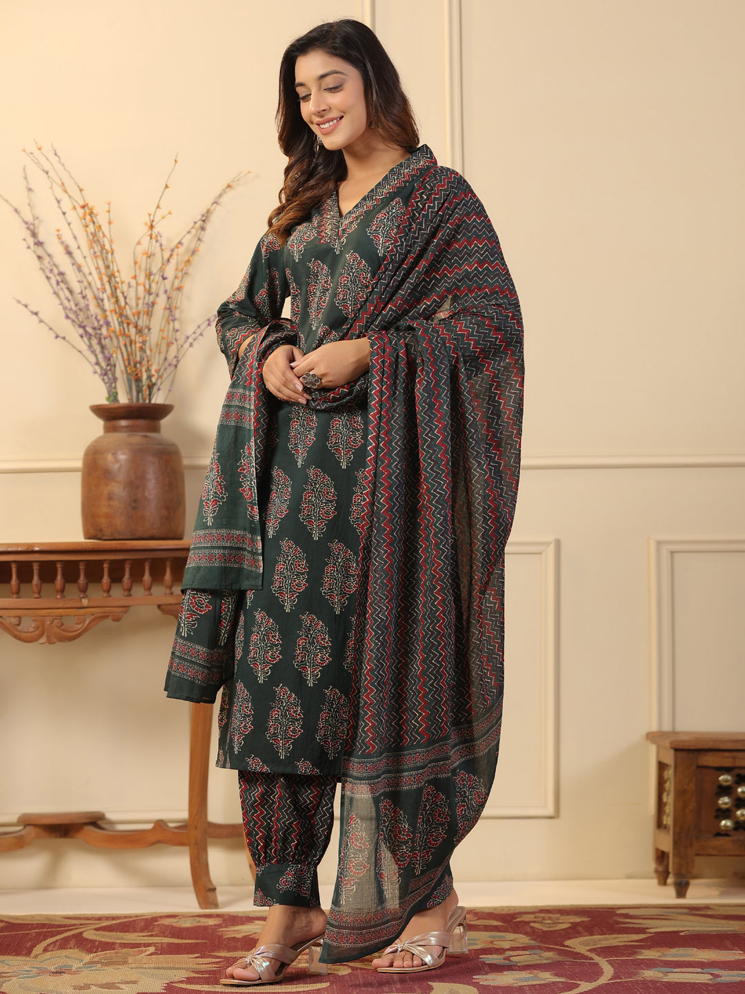 Straight Style Cotton Fabric Green Color Kurta And Bottom With Dupatta