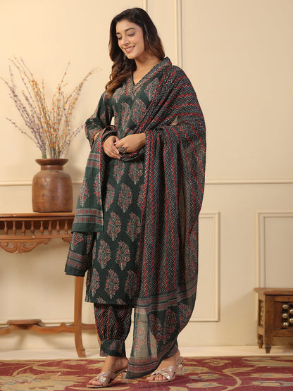 Straight Style Cotton Fabric Green Color Kurta And Bottom With Dupatta