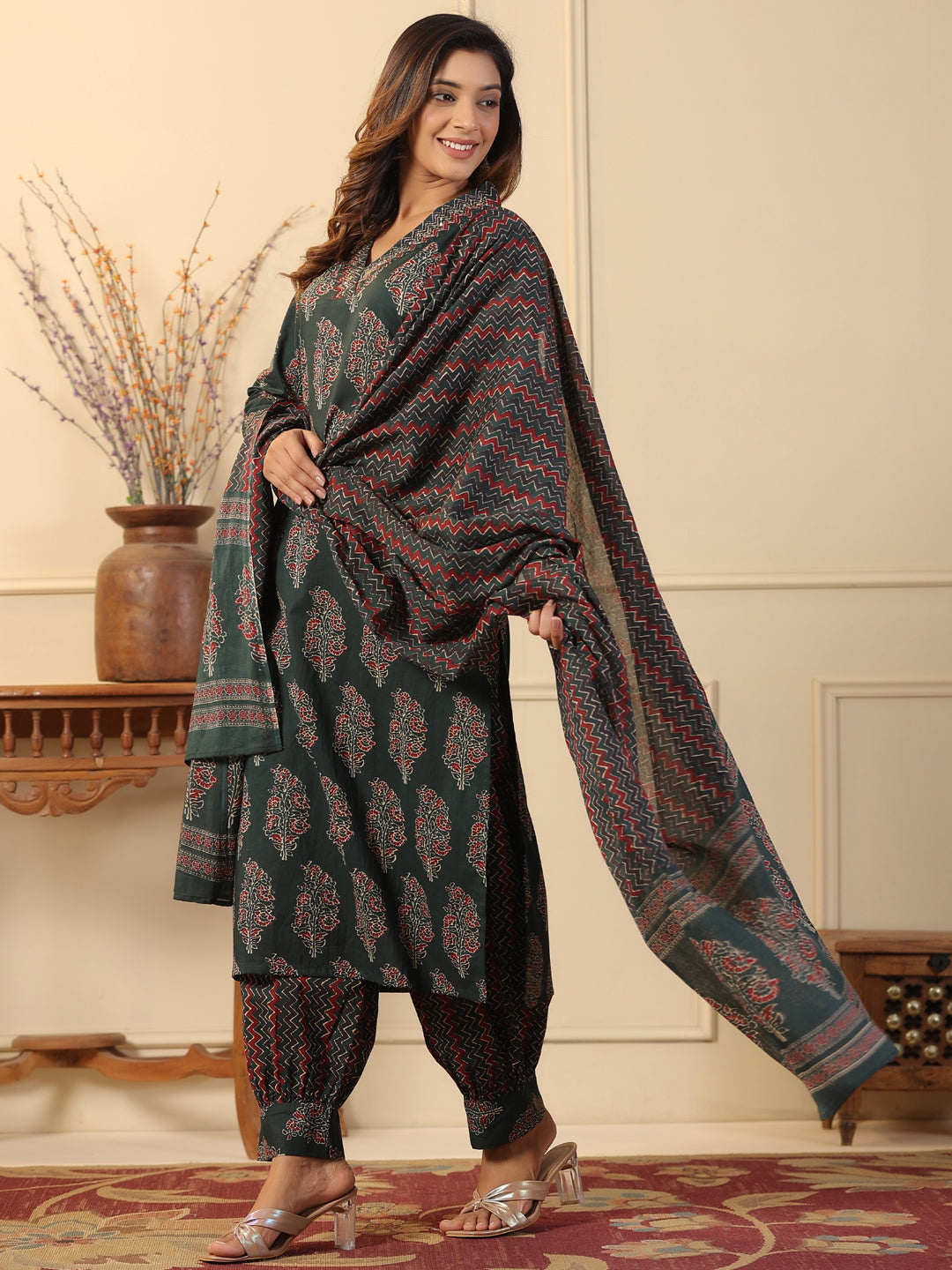 Straight Style Cotton Fabric Green Color Kurta And Bottom With Dupatta