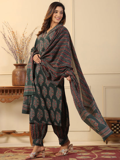 Straight Style Cotton Fabric Green Color Kurta And Bottom With Dupatta