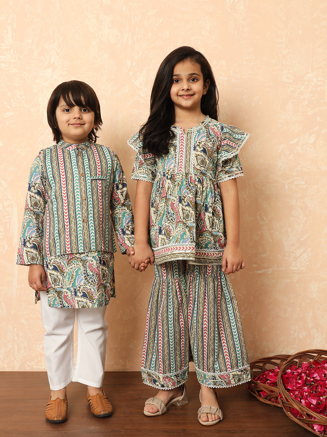 Boys Straight Style Cotton Fabric Purple Color Floral Printed Kurta And Pyjama With Nehru Jacket