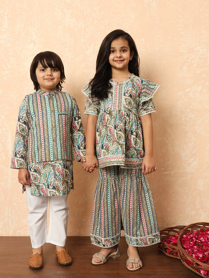 Boys Straight Style Cotton Fabric Purple Color Floral Printed Kurta And Pyjama With Nehru Jacket