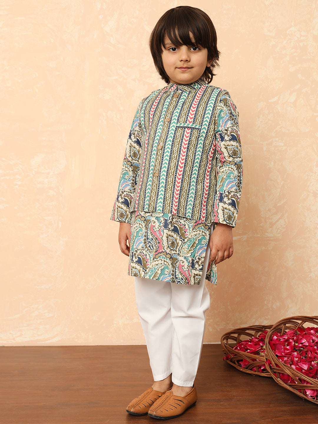 Boys Straight Style Cotton Fabric Purple Color Floral Printed Kurta And Pyjama With Nehru Jacket
