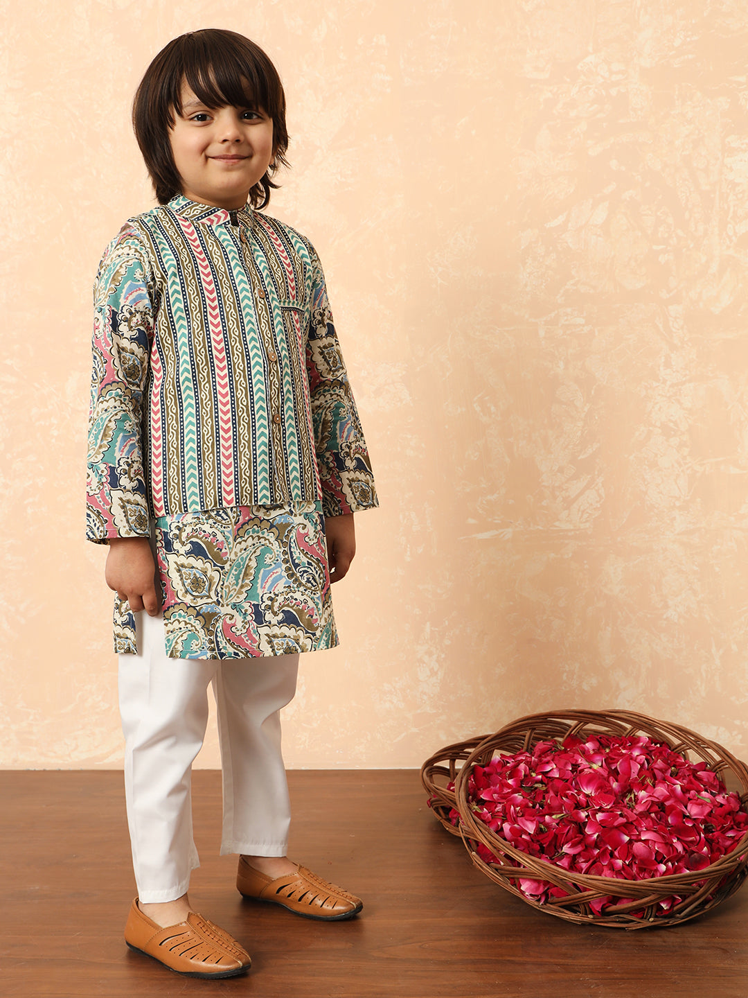 Boys Straight Style Cotton Fabric Purple Color Floral Printed Kurta And Pyjama With Nehru Jacket
