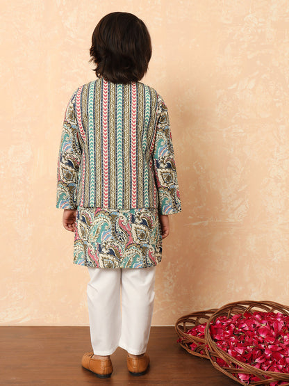 Boys Straight Style Cotton Fabric Purple Color Floral Printed Kurta And Pyjama With Nehru Jacket