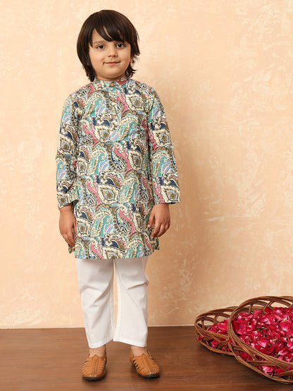 Boys Straight Style Cotton Fabric Purple Color Floral Printed Kurta And Pyjama With Nehru Jacket