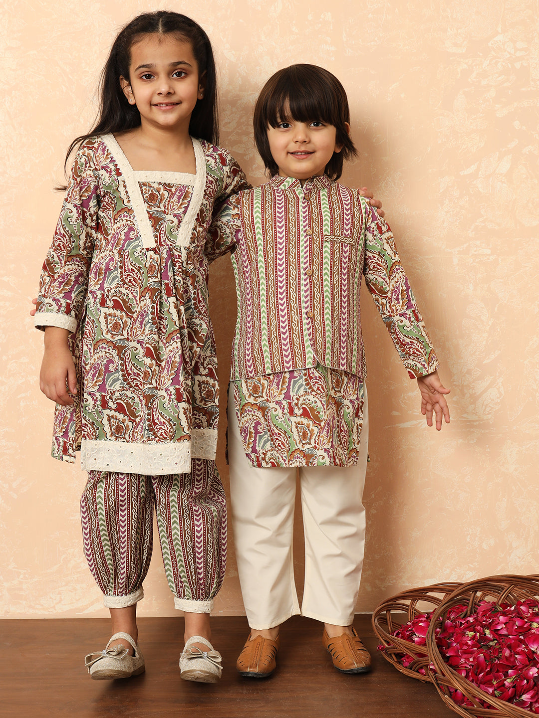 Boys Straight Style Cotton Fabric Purple Color Printed Kurta And Pyjama With Nehru Jacket