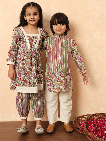 Boys Straight Style Cotton Fabric Purple Color Printed Kurta And Pyjama With Nehru Jacket