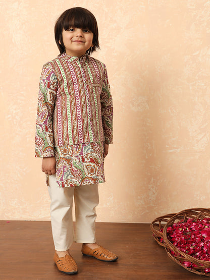 Boys Straight Style Cotton Fabric Purple Color Printed Kurta And Pyjama With Nehru Jacket