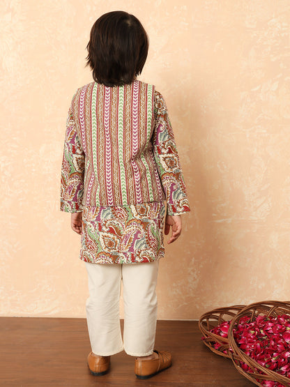 Boys Straight Style Cotton Fabric Purple Color Printed Kurta And Pyjama With Nehru Jacket